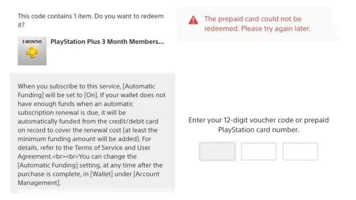 This Prepaid Card Could Not be Redeemed Please Try Again Later PS5